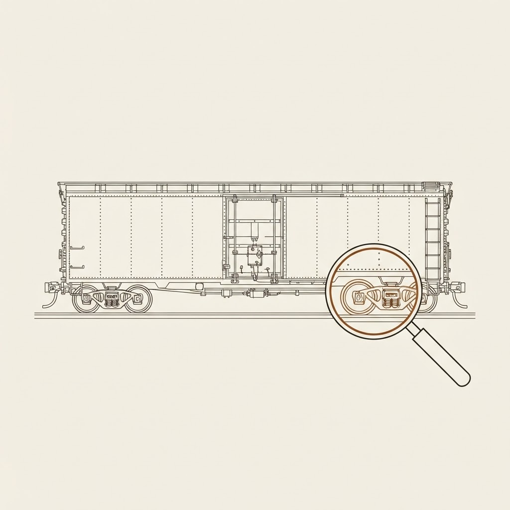 Line-art illustration of a magnifying glass checking a model railroad boxcar