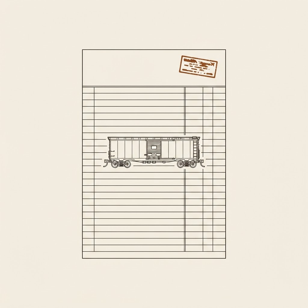 Line-art illustration of a printed waybill sheet with a stamp and a small model boxcar